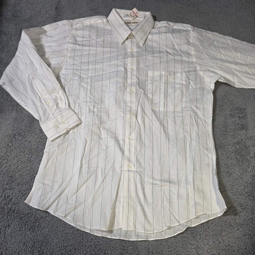 Albert Nipon Mens 16.5 32/33 Dress Shirt White Blue Striped Athletic Fit Cotton